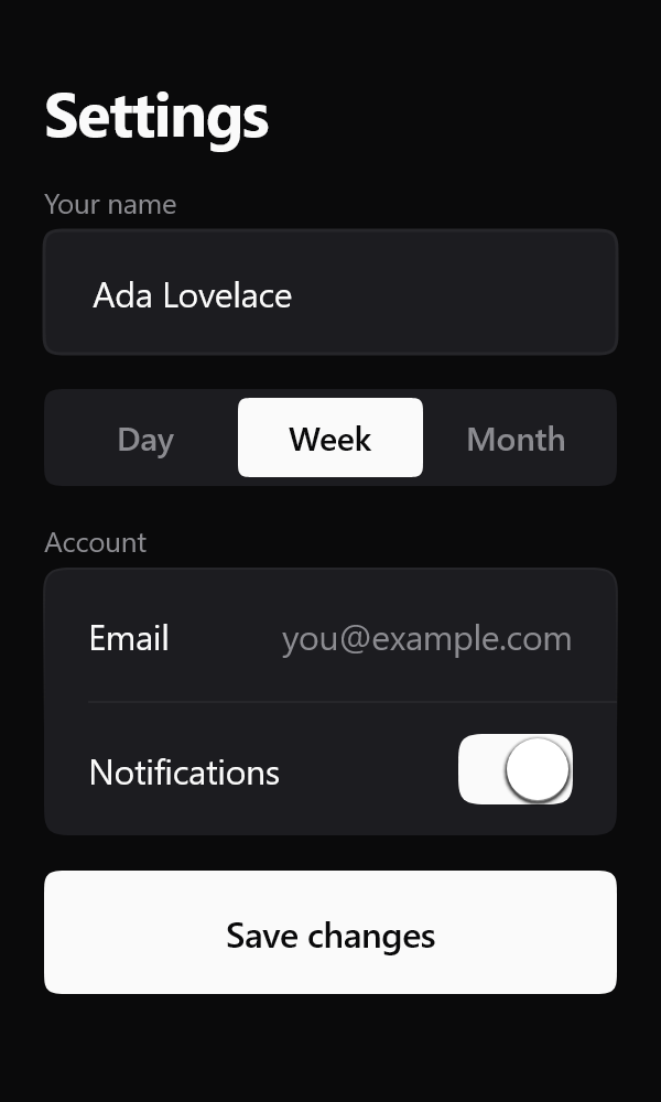 A settings screen built entirely from Lamintra components: a text field, a segmented control, a card of list rows with a lime switch turned on, and a solid primary button.