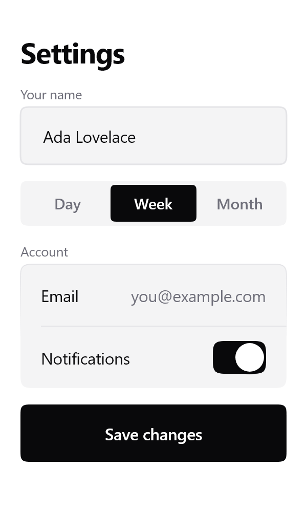 A settings screen built entirely from Lamintra components: a text field, a segmented control, a card of list rows with a lime switch turned on, and a solid primary button.